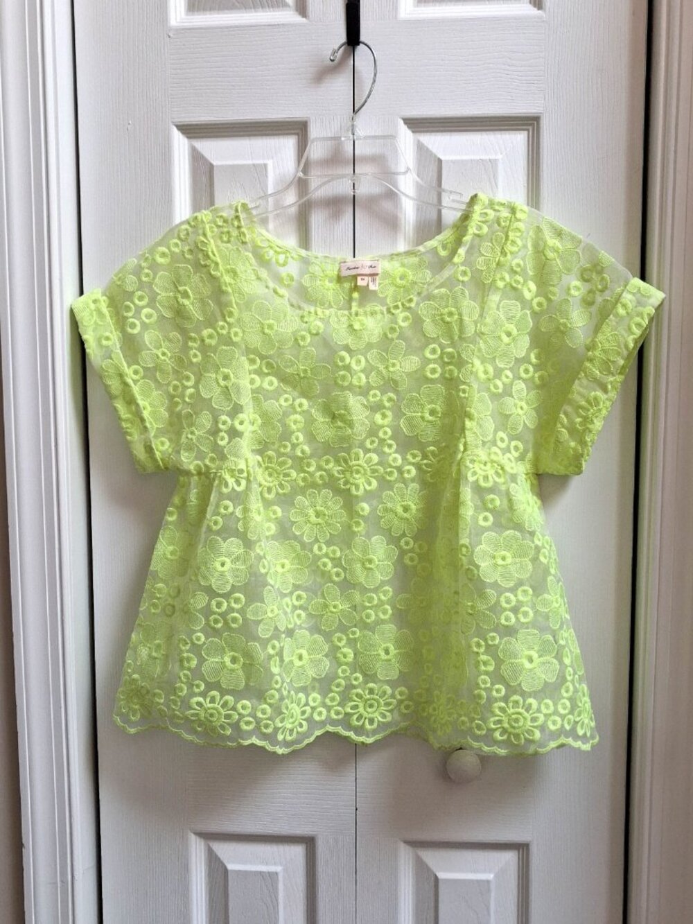 MEADOW RUE Anthropologie Neon Chartreuse Sheer Floral Lace Top sz XS